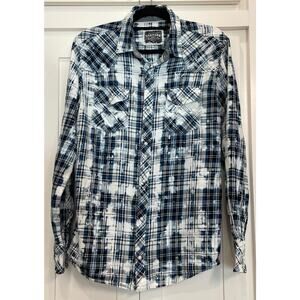 Buckle Pearl Snap navy plaid and bleach distressed Western Shirt LG 100% Cotton